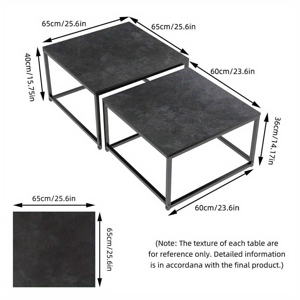 Nutshell Rectangle Nesting Coffee Table Set with black square tabletops and metal frames showing dimensions