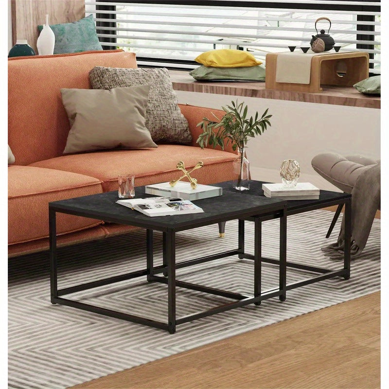 Nutshell Rectangle Nesting Coffee Table Set with black metal frames in modern living room