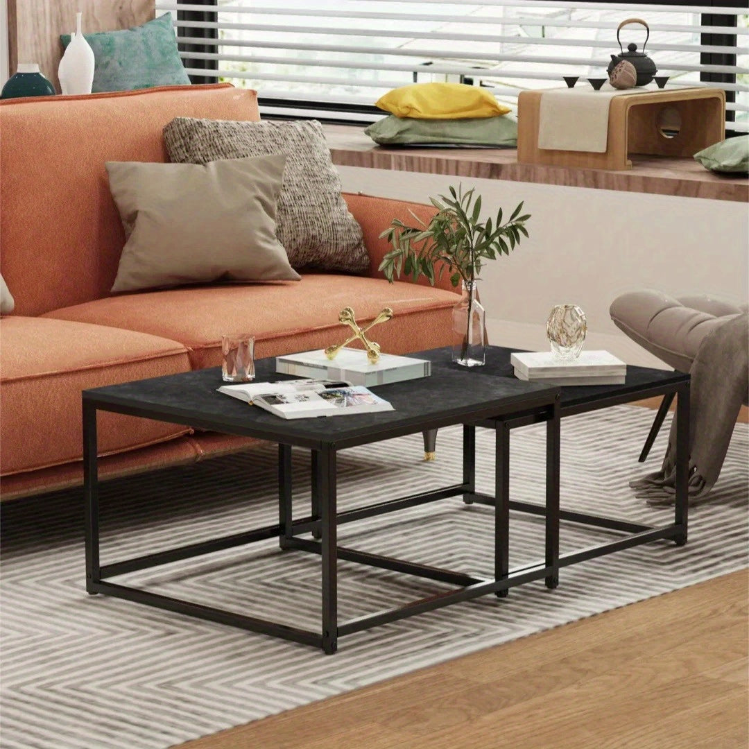 Nutshell Rectangle Nesting Coffee Table Set with black metal frame and dark wooden tops in modern living room