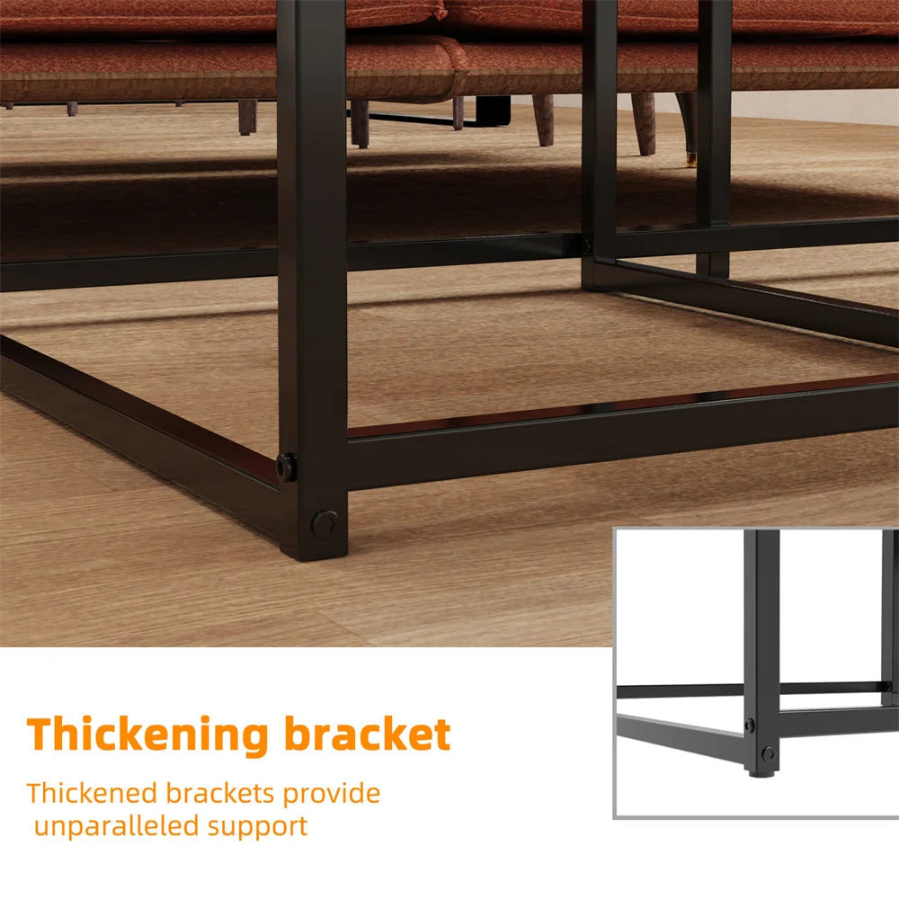 Close-up of thickening bracket on Nutshell Rectangle Nesting Coffee Table Set with black metal frame