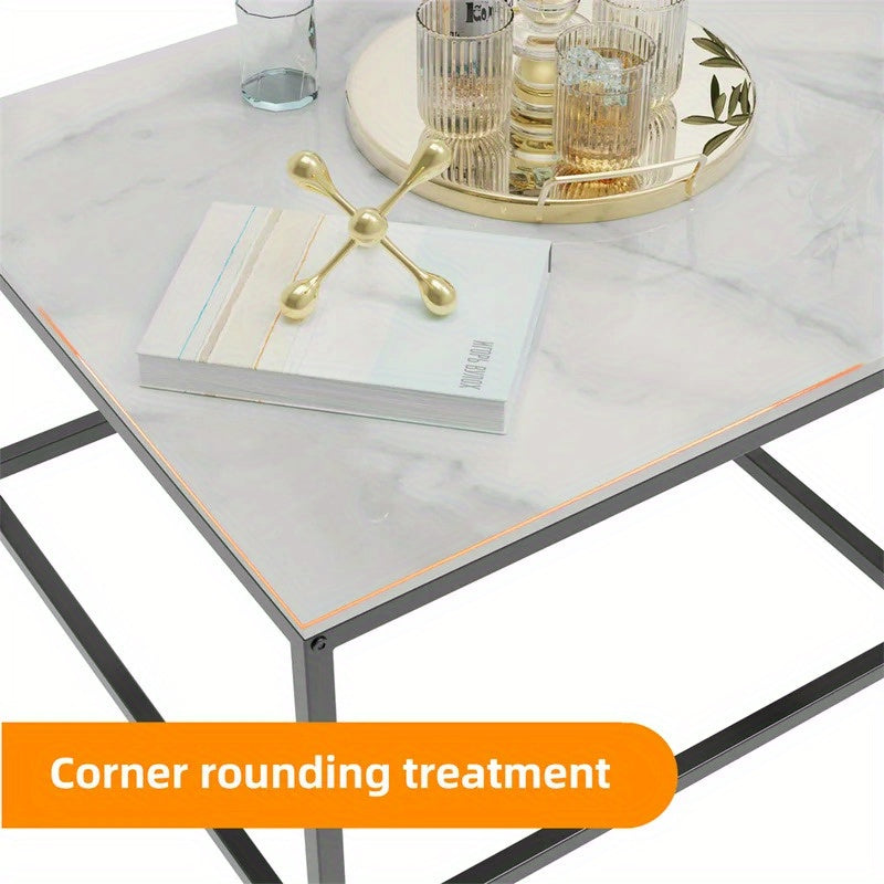 Nutshell Rectangle Nesting Coffee Table Set with marble top and black metal frame showcasing corner rounding treatment
