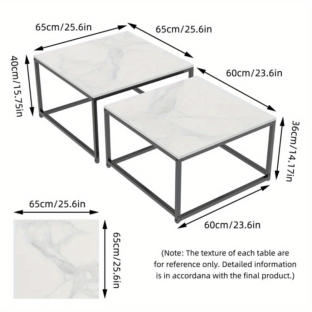 Nutshell Rectangle Nesting Coffee Table Set with white marble tops and black metal frames showing dimensions