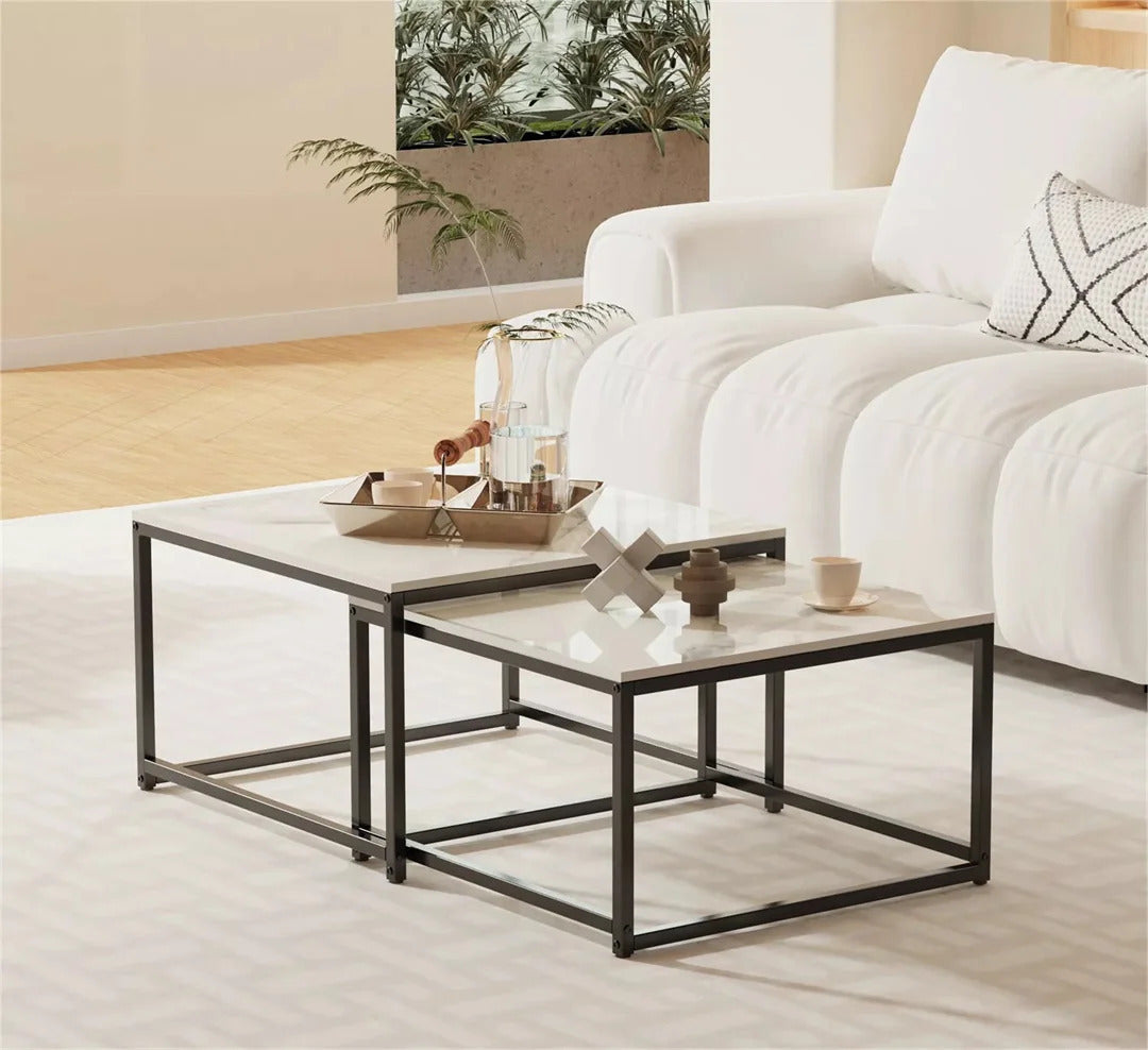 Nutshell Rectangle Nesting Coffee Table Set with metal frames and light tabletops in modern living room