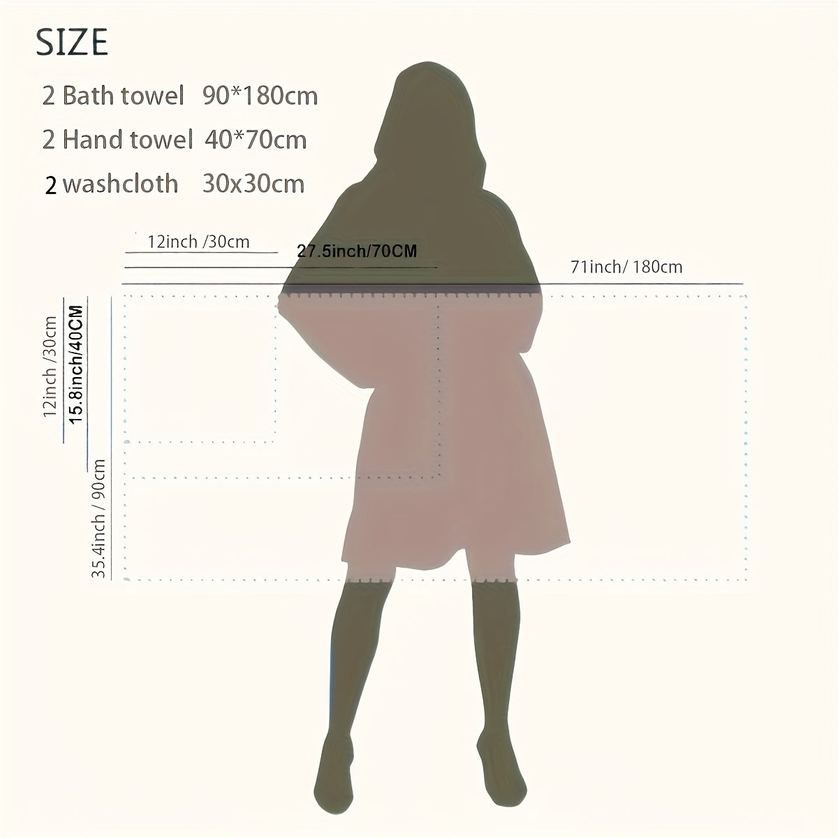 Luxury bath towel set dimensions showing two bath towels and hand towels with washcloth in soft colors