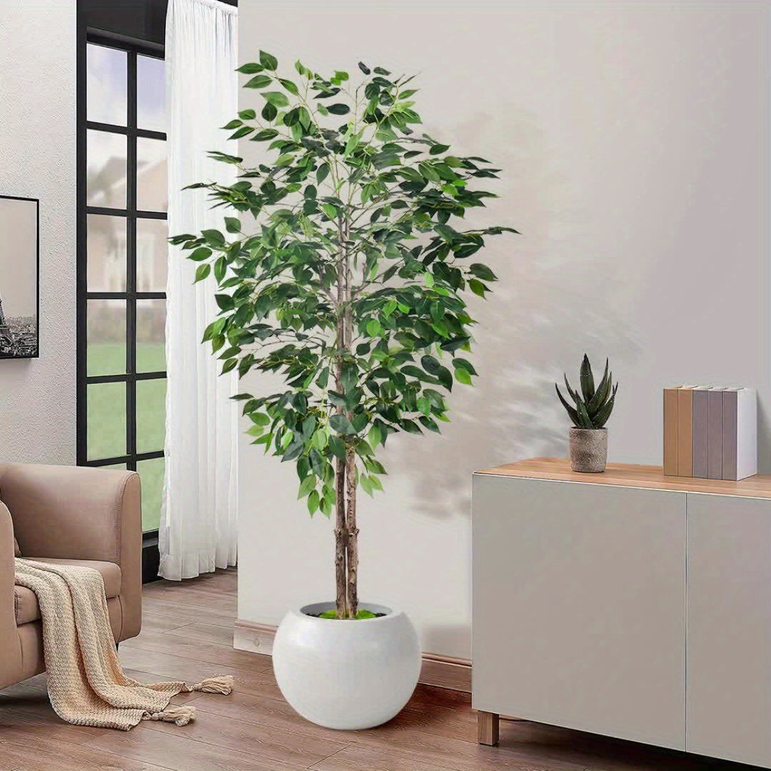 Luxury faux Ficus bonsai tree in a modern white pot, enhancing living room decor