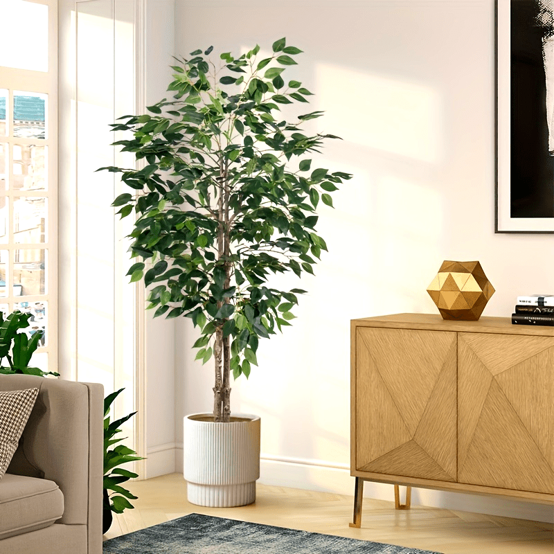 Luxury faux Ficus bonsai tree in a modern pot adding elegance to a bright living room