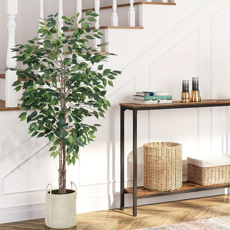 Luxury faux Ficus bonsai tree in a woven planter, enhancing the home decor in a stylish foyer