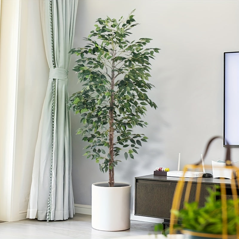 Luxury faux Ficus bonsai tree in a modern white planter for home decor and styling.