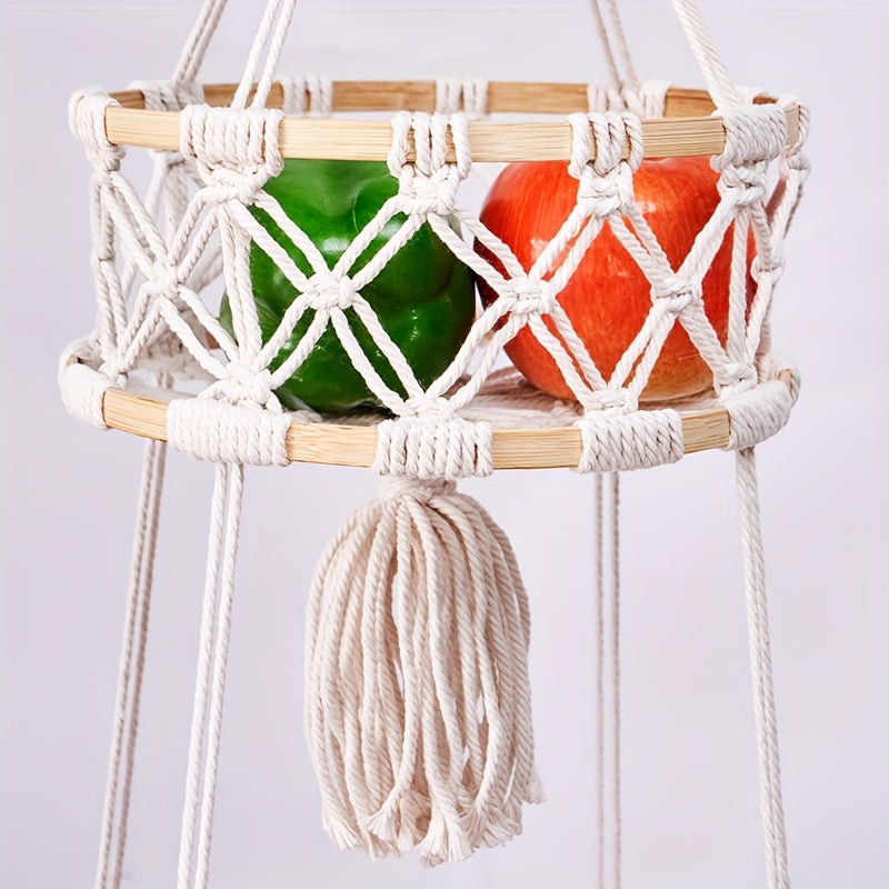 Nutshell macrame hanging basket decor featuring colorful fruits in a stylish design