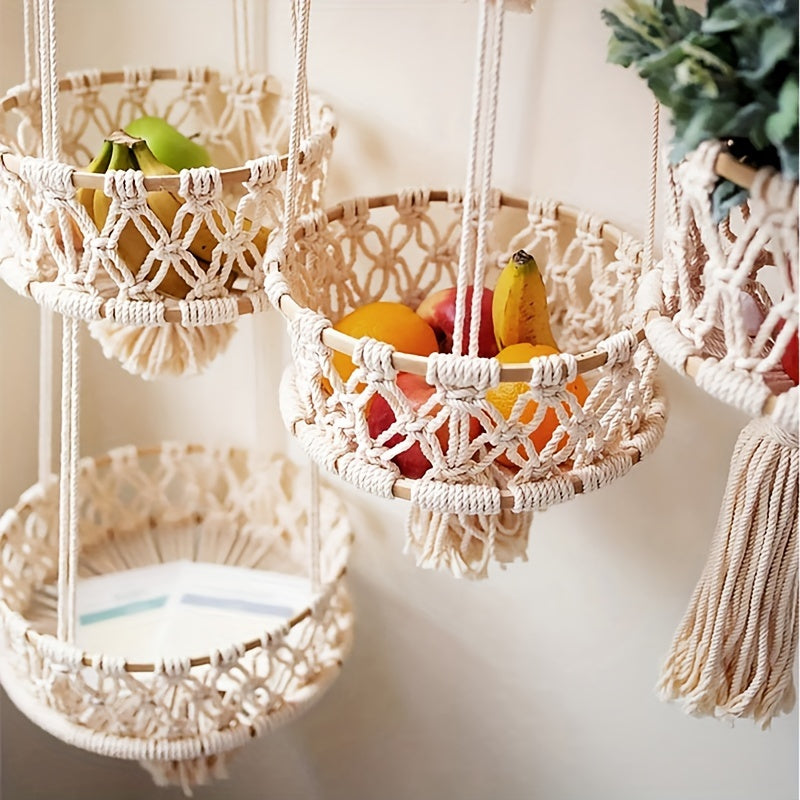 Nutshell macrame hanging basket decor featuring natural fibers and a stylish design for fruit storage