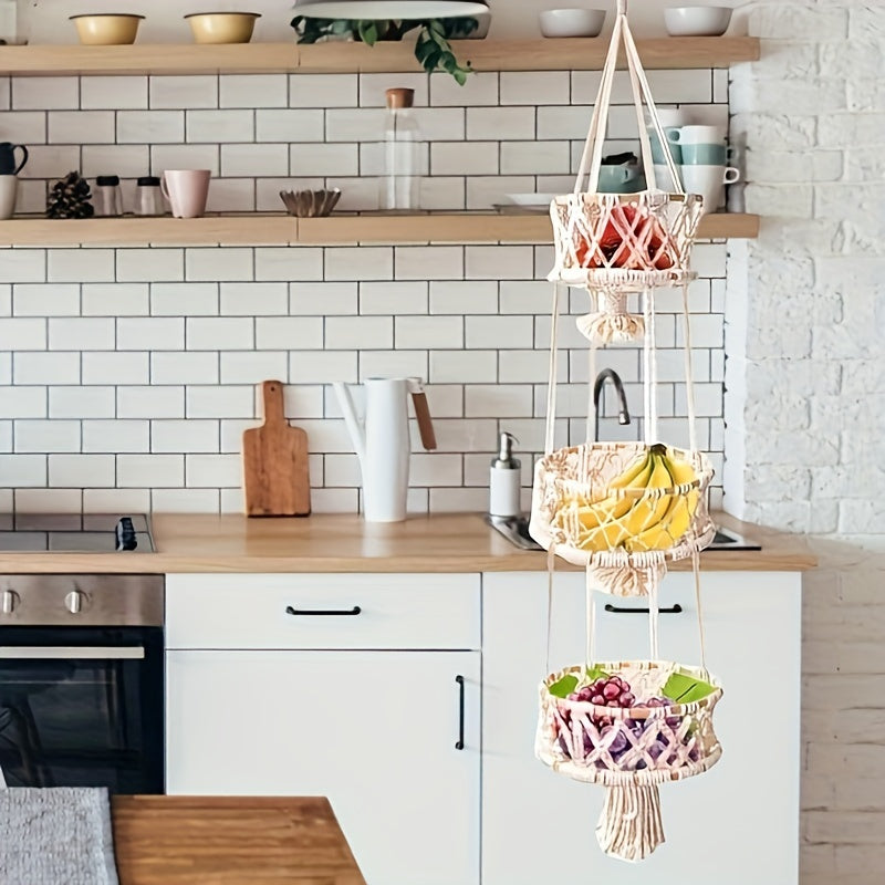 Nutshell macrame hanging basket decor with vibrant fruits in a modern kitchen setting