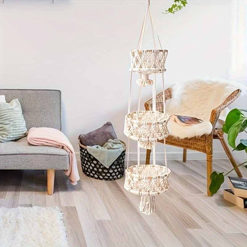 Nutshell macrame hanging basket decor in a stylish living room with plants and soft furnishings