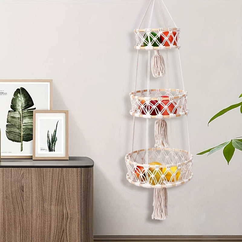Macrame hanging basket decor with three colorful tiers for stylish home organization