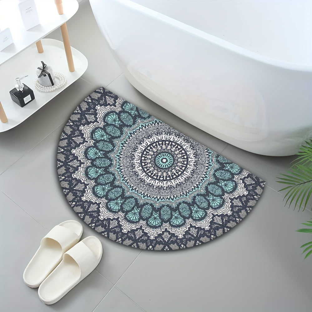 Nutshell mandala bath mats in blue and cream with intricate design for stylish bathroom decor