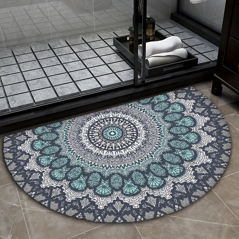 Nutshell mandala bath mats featuring a beautiful circular design in teal and gray for stylish bathrooms