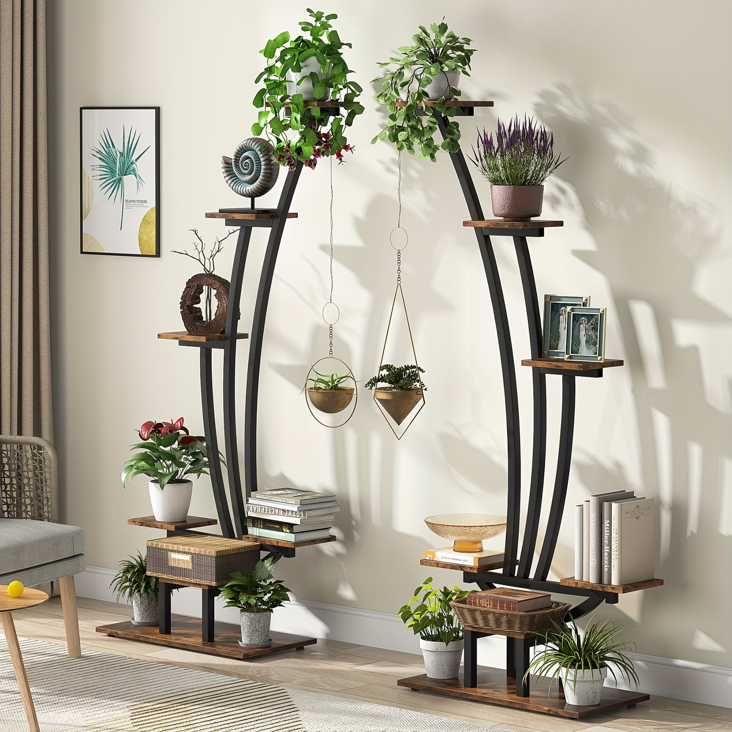Nutshell metal curved display shelf with wooden shelves and decorative plants for stylish home organization