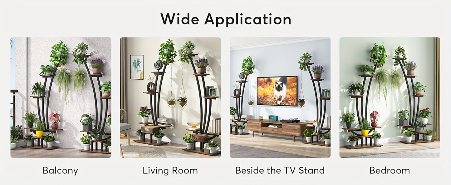 Nutshell metal curved display shelf in various settings like living room and balcony with plants and decor