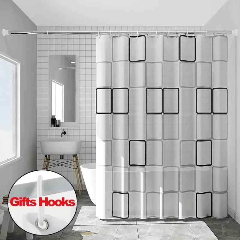 Nutshell mildew resistant bathroom shower curtain with modern geometric design and included hooks