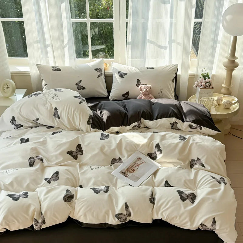 Nutshell butterfly print duvet cover set in white and black for modern bedroom decor bed set