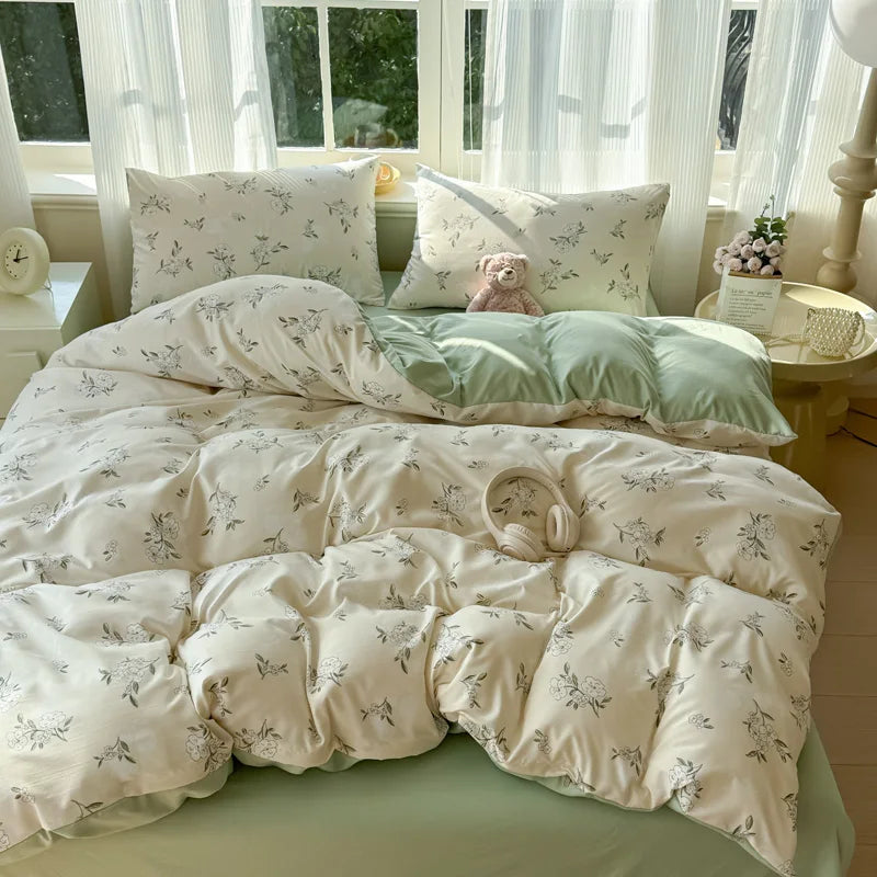 Nutshell duvet cover set with floral print and green accents for modern bedroom decor bed set