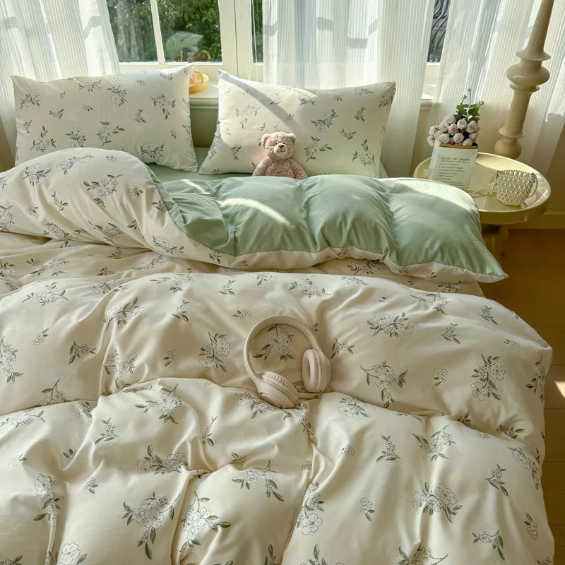 Nutshell duvet cover bed set with floral pattern and green accent pillow for modern bedroom decor bed set