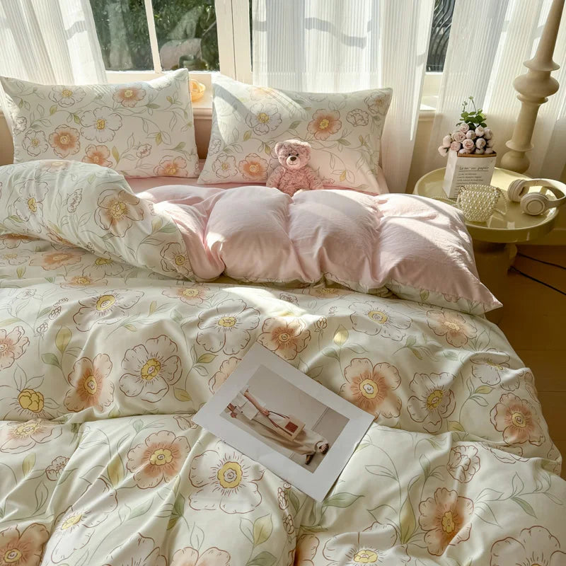 Nutshell duvet cover floral design on bed with modern bedroom decor bed set and soft natural lighting