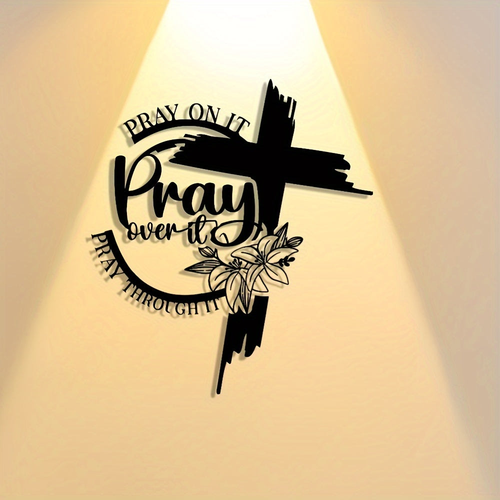 Modern cross wall art decor featuring a motivational design with 'Pray on it' and floral elements