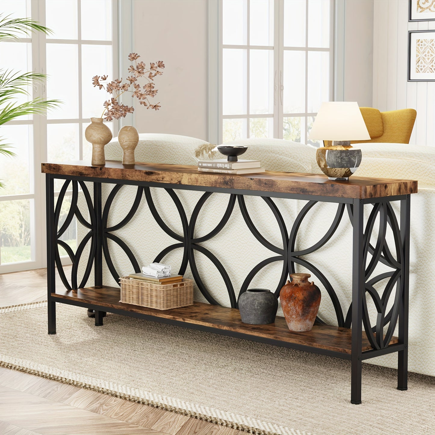 Nutshell entryway table with storage featuring rustic wood shelves and black metal circular design frame
