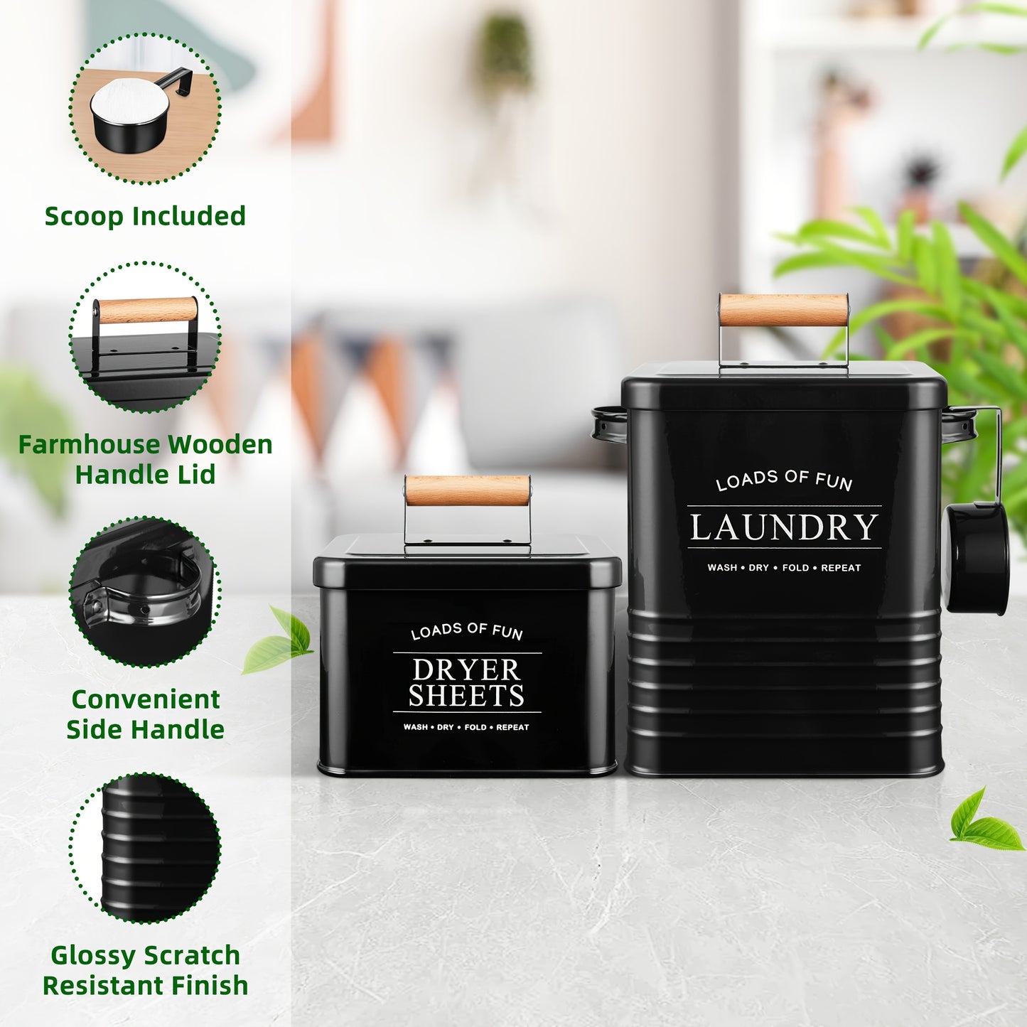 Nutshell modern farmhouse laundry storage set with scoop and farmhouse wooden handle lid