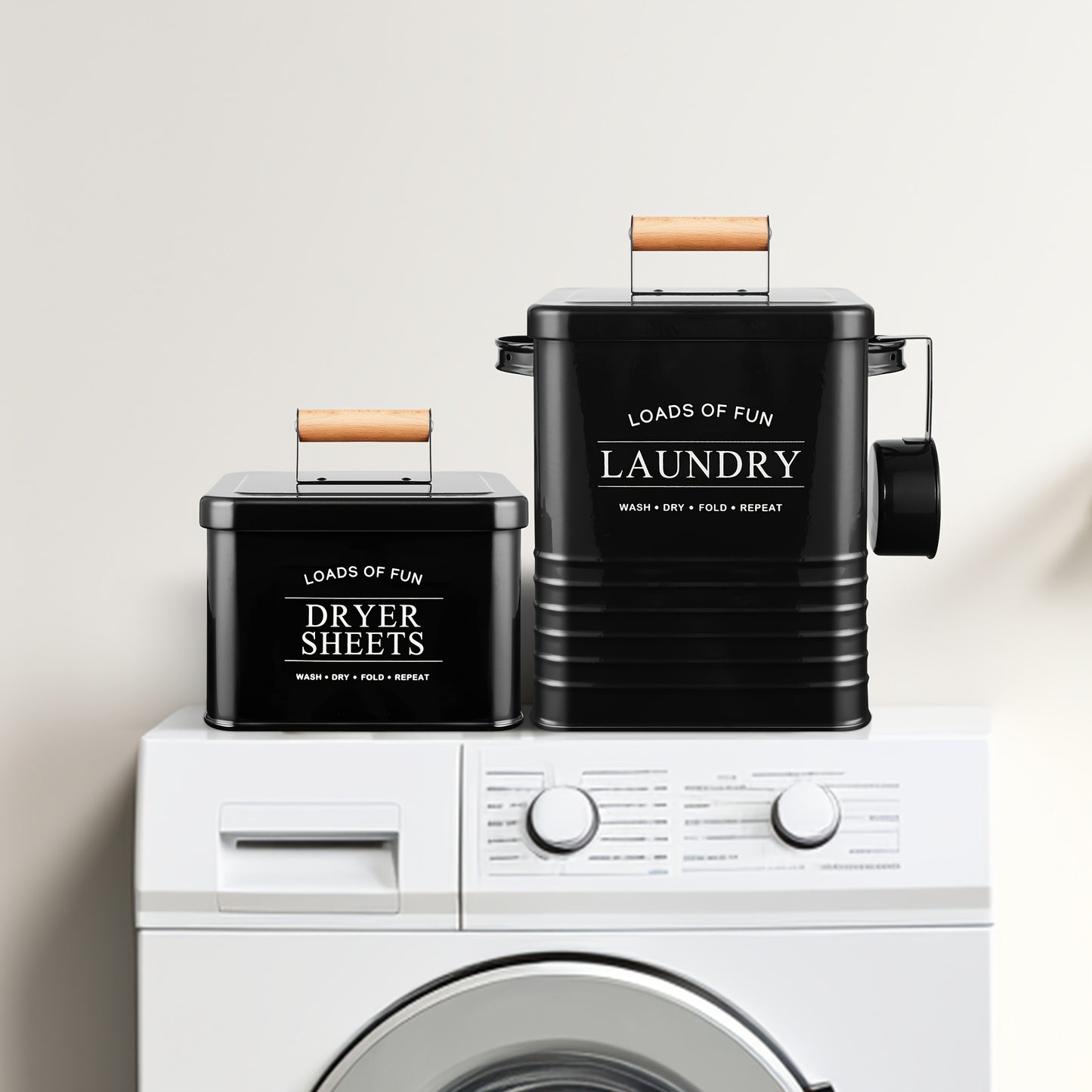 Nutshell modern farmhouse laundry storage set with black containers for laundry and dryer sheets