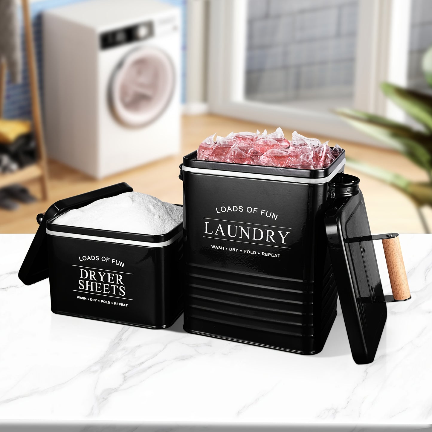 Modern farmhouse laundry storage bins in black, featuring labels for laundry and dryer sheets