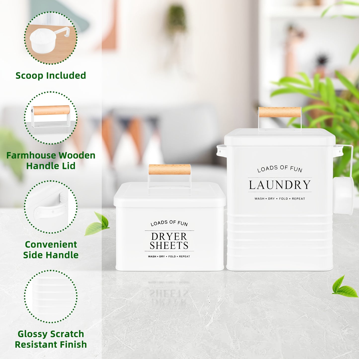 Nutshell modern farmhouse laundry storage bins with wooden handles and scoop for organizing laundry supplies