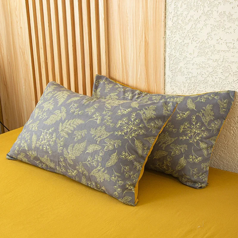 Nutshell modern floral quilt cover pillowcases with yellow leaf pattern on gray background