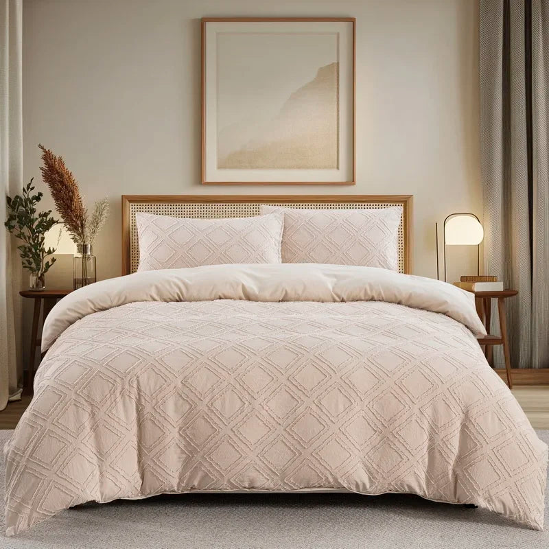 Nutshell modern geometric duvet cover in soft neutral tones on bed with matching pillow shams
