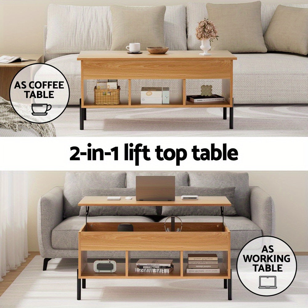 Nutshell lift-top coffee table with storage in natural wood and black legs shown closed and open with storage and workspace
