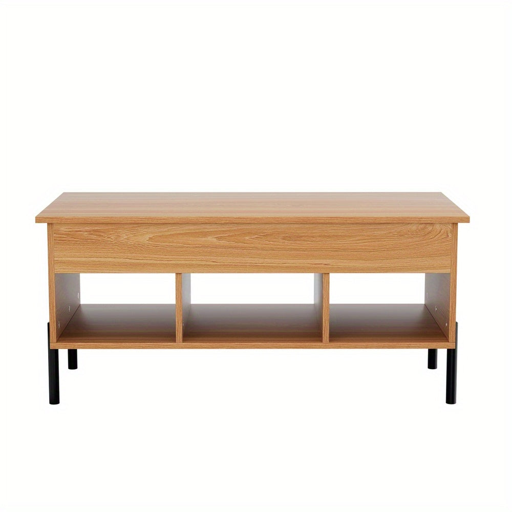 Nutshell lift-top coffee table with storage in natural wood and black legs with open compartments