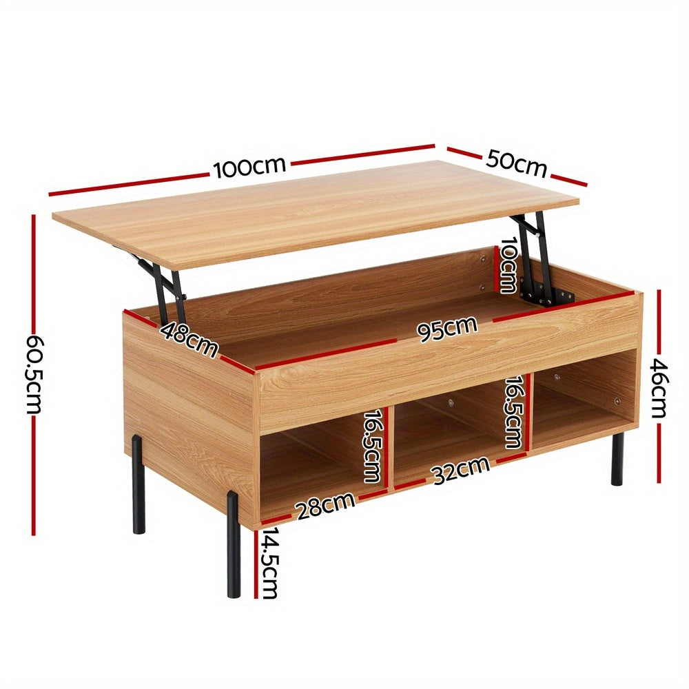 Nutshell lift-top coffee table with storage in light wood finish featuring metal legs and multiple compartments