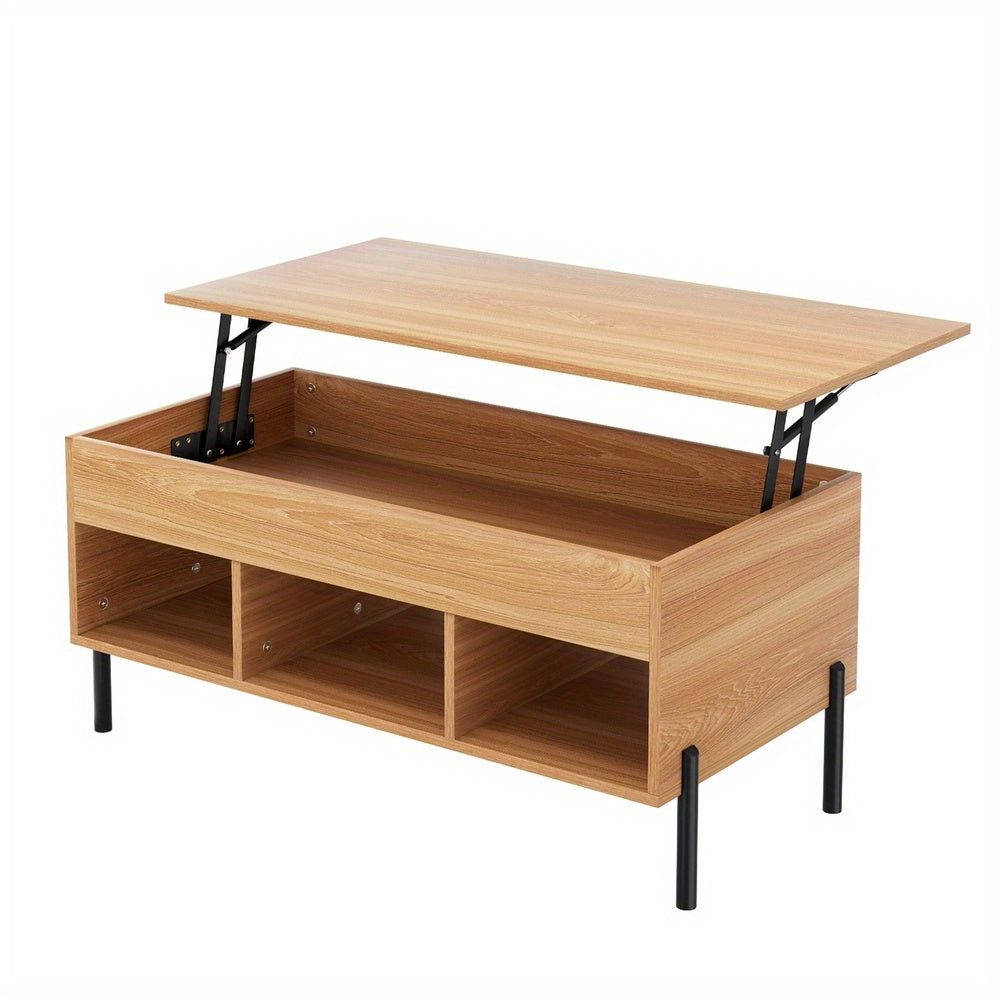 Nutshell lift-top coffee table with storage in light wood finish and black metal legs