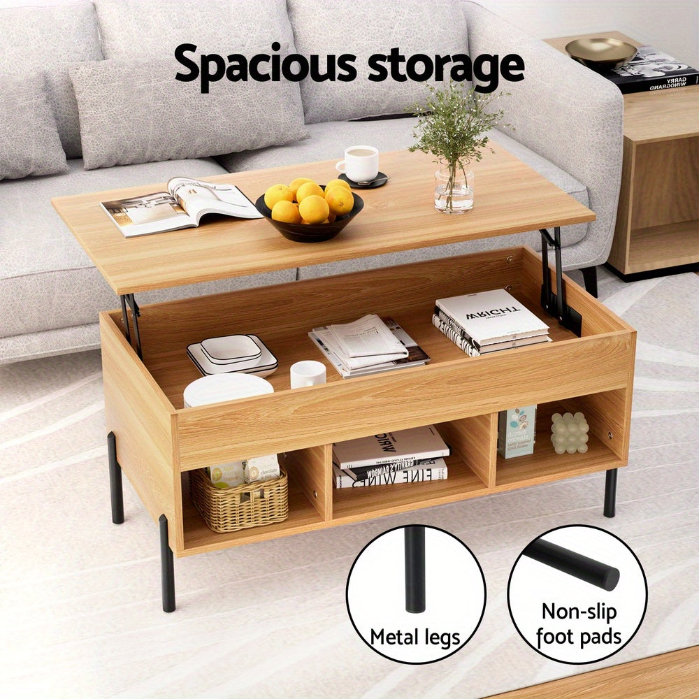 Nutshell lift-top coffee table with storage in light wood featuring metal legs and non-slip foot pads