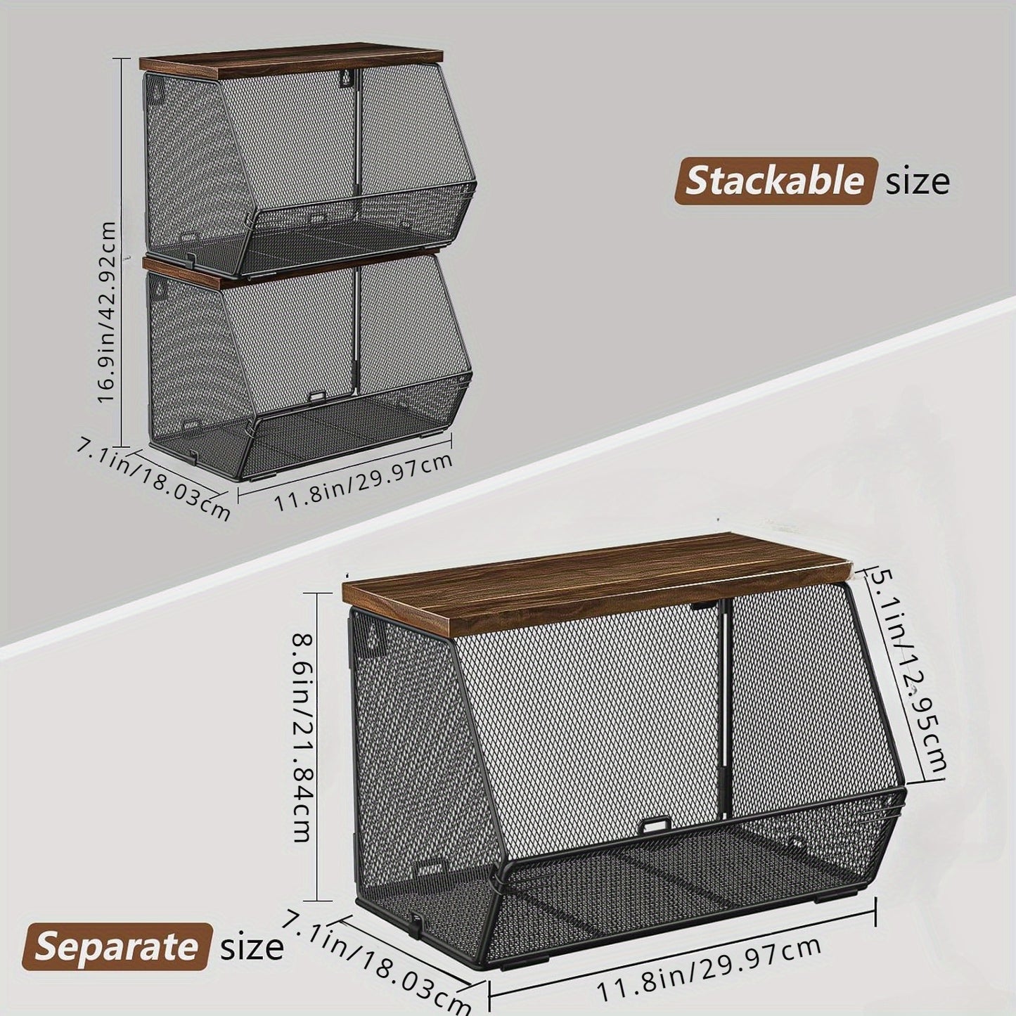 Nutshell modern wire mesh baskets with Wooden Lids, stackable design for organized kitchen storage