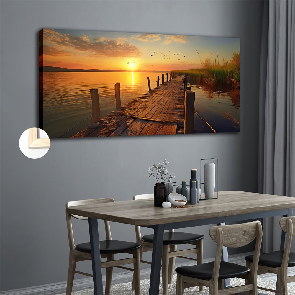 Moonlit lakeside art piece featuring a serene wooden pier at sunset over calm waters