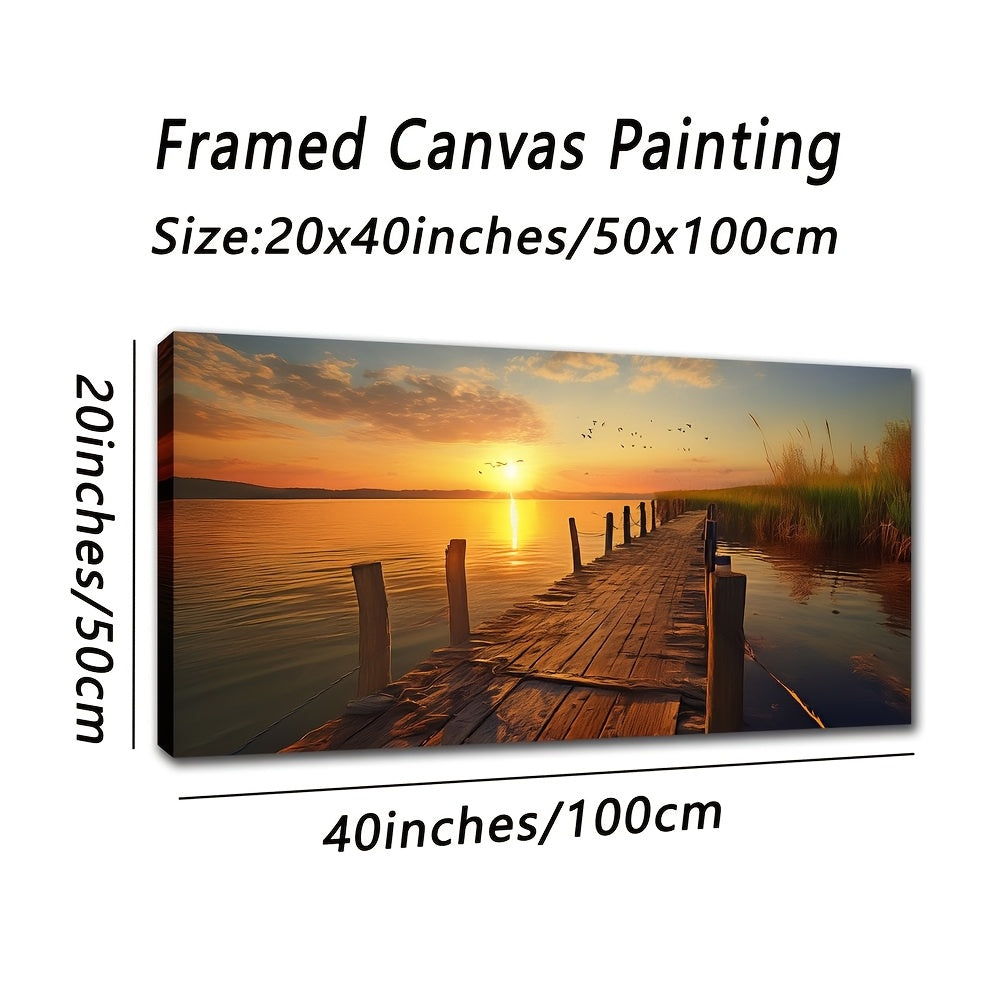 Framed canvas painting of a moonlit lakeside art piece with a serene pier and sunset reflection