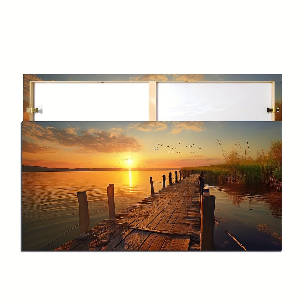 Moonlit lakeside art piece featuring a serene sunset over a wooden dock on still waters