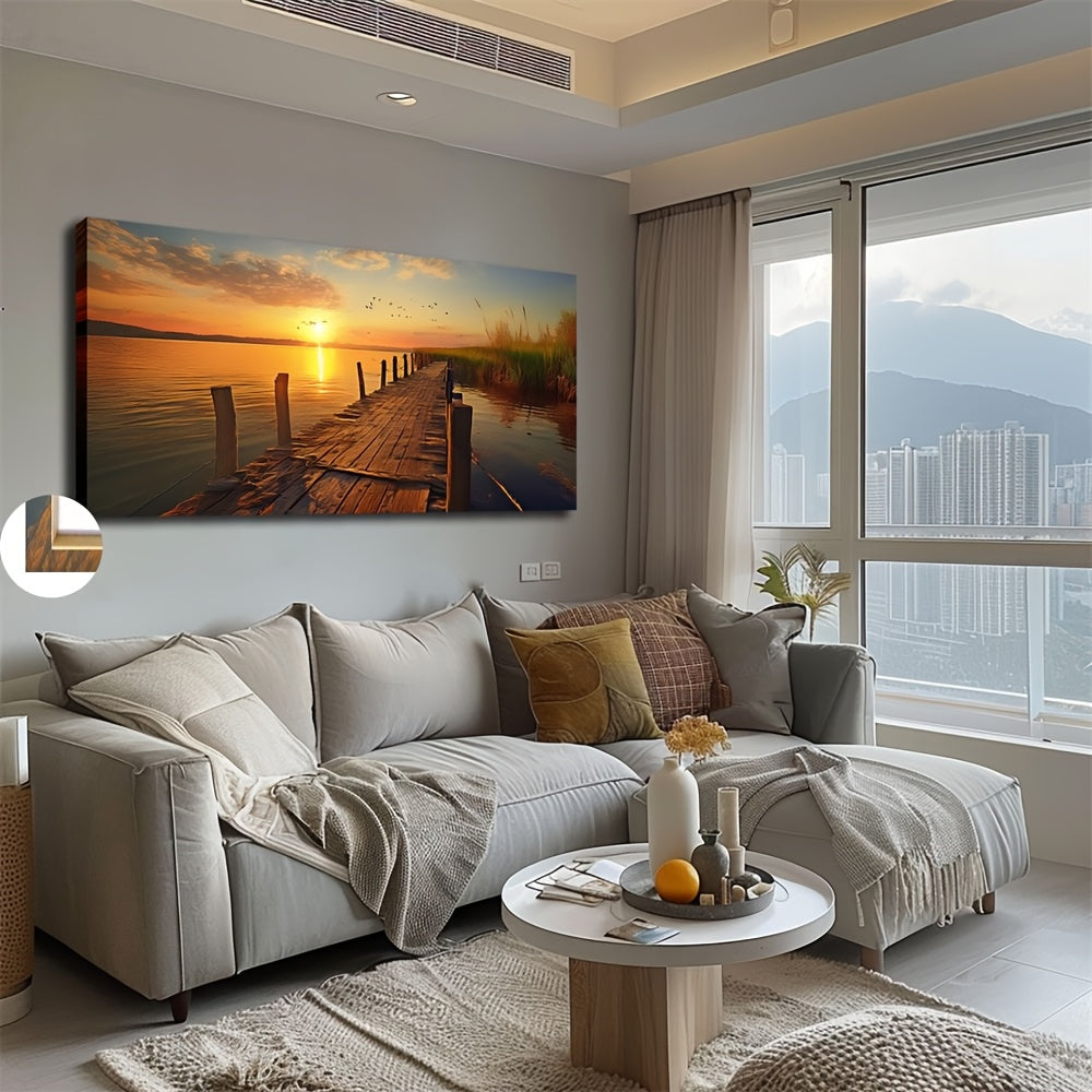 Moonlit lakeside art piece featuring a serene sunset over a wooden dock in a modern living room