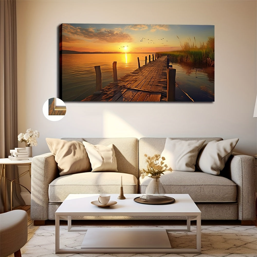 Beautiful moonlit lakeside art piece depicting a sunset over a peaceful wooden dock