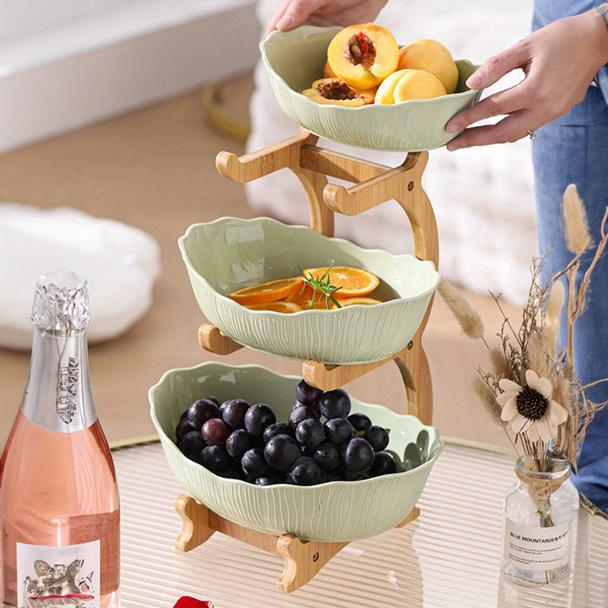 Nutshell multi-layer fruit tray set - drop resistant, featuring three tiers for displaying fresh fruit elegantly