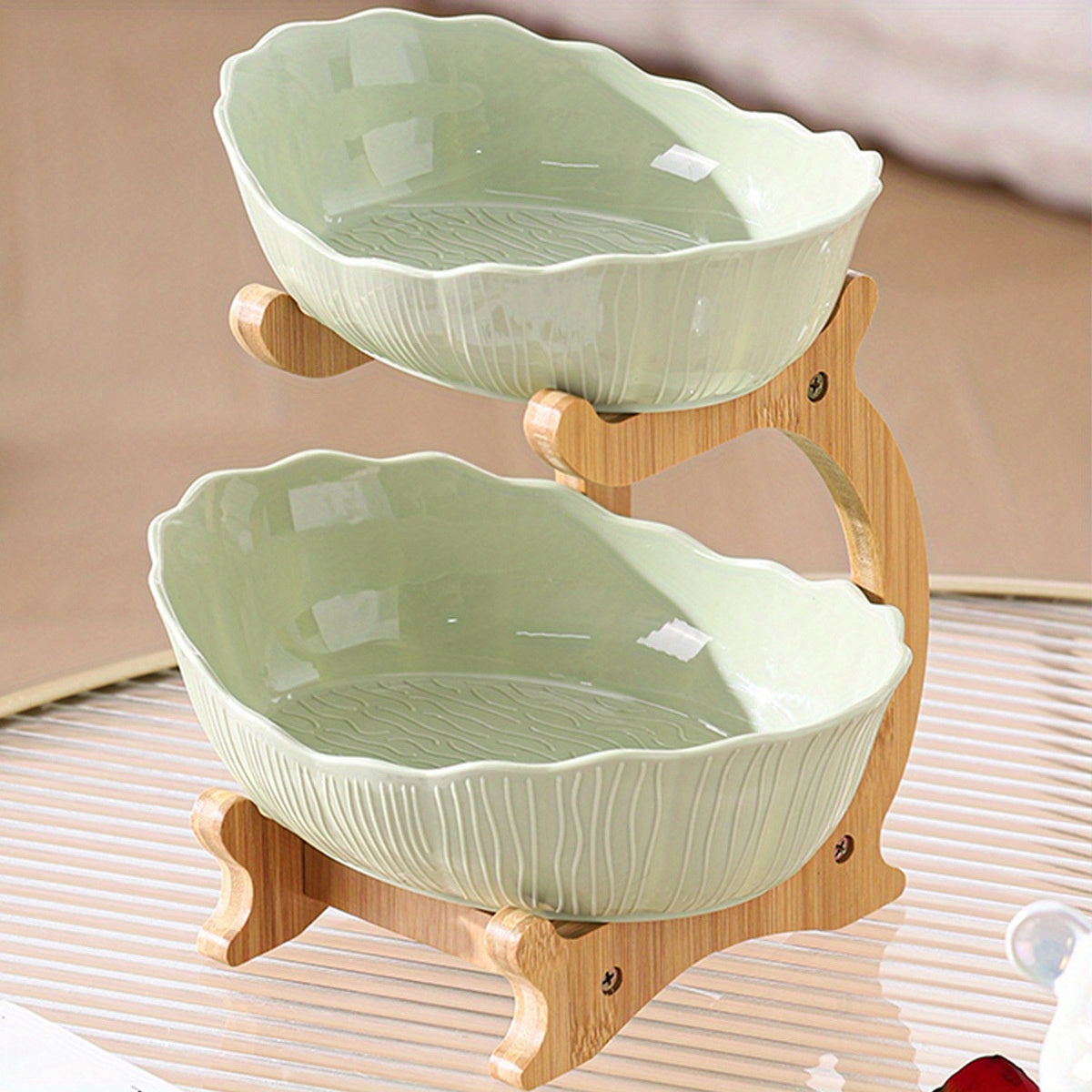 Nutshell multi-layer fruit tray set - drop resistant with elegant green bowls on a bamboo stand