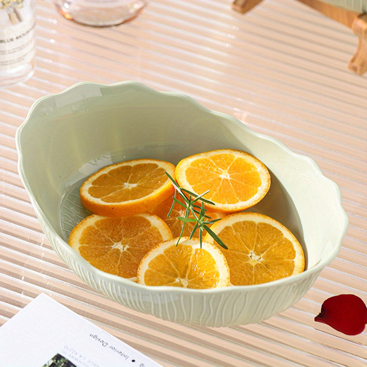 Nutshell multi-layer fruit tray set - drop resistant featuring a green bowl with sliced oranges