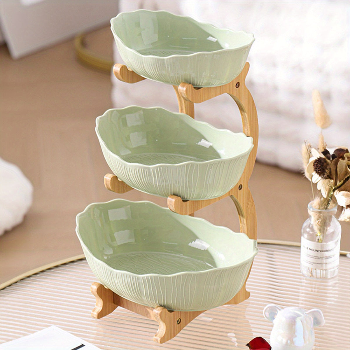 Nutshell Multi-layer fruit tray set - drop resistant with elegant green bowls on a wooden stand