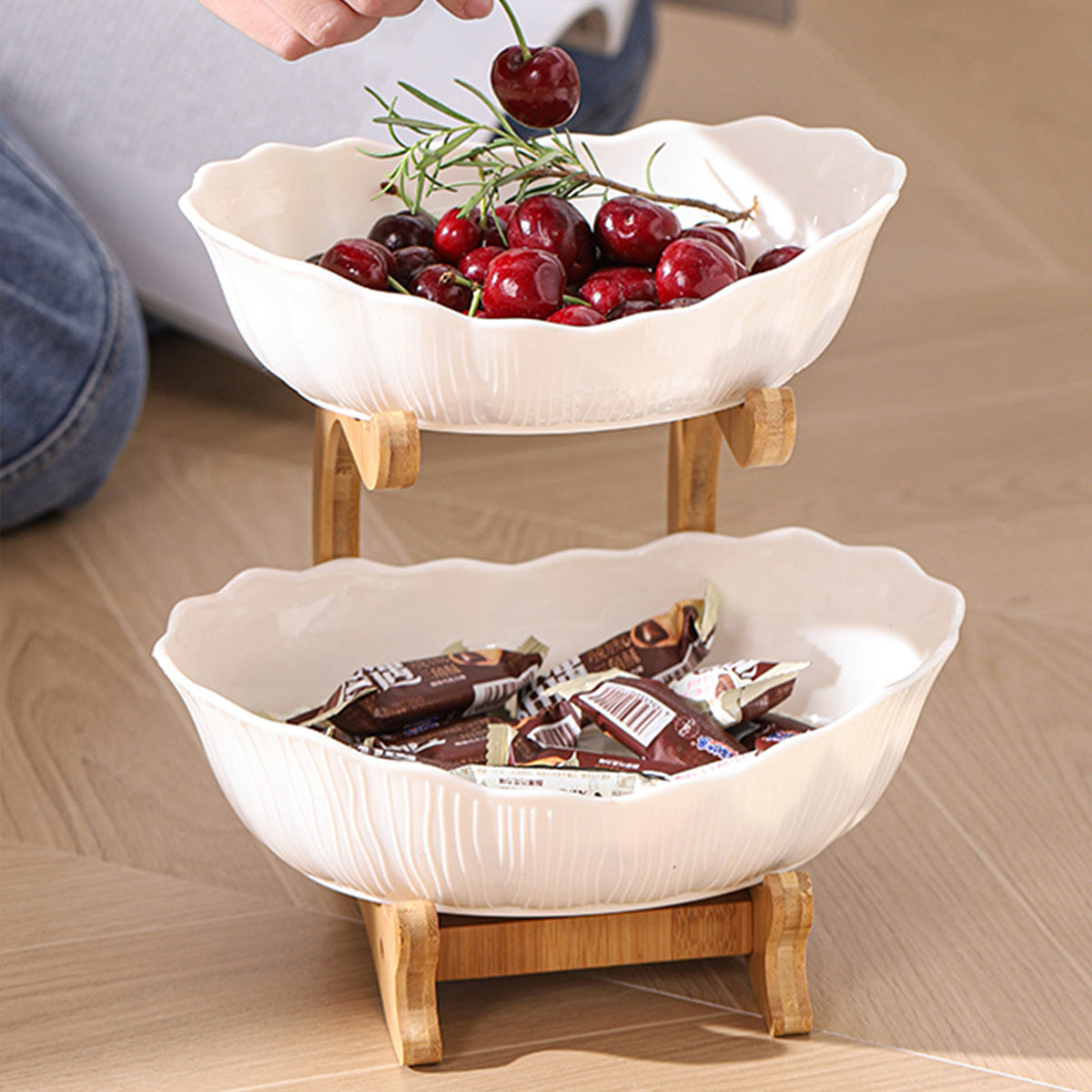 Nutshell multi-layer fruit tray set - drop resistant with white ceramic bowls and wooden stand displaying fruits and snacks